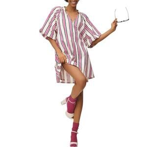 Anthropologie x Bel Kazan Pink Puff Sleeve Striped Mini Kaftan Dress